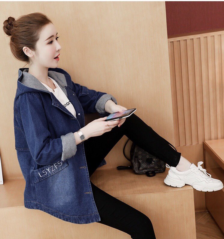 ÁO KHOÁC JEAN FORM DÀI THÊU CHỮ CÓ NÓN